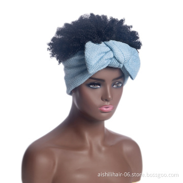 Aishili wholesale synthetic wrap turban hair short kinky afro curly knot scarf headband wig for black women